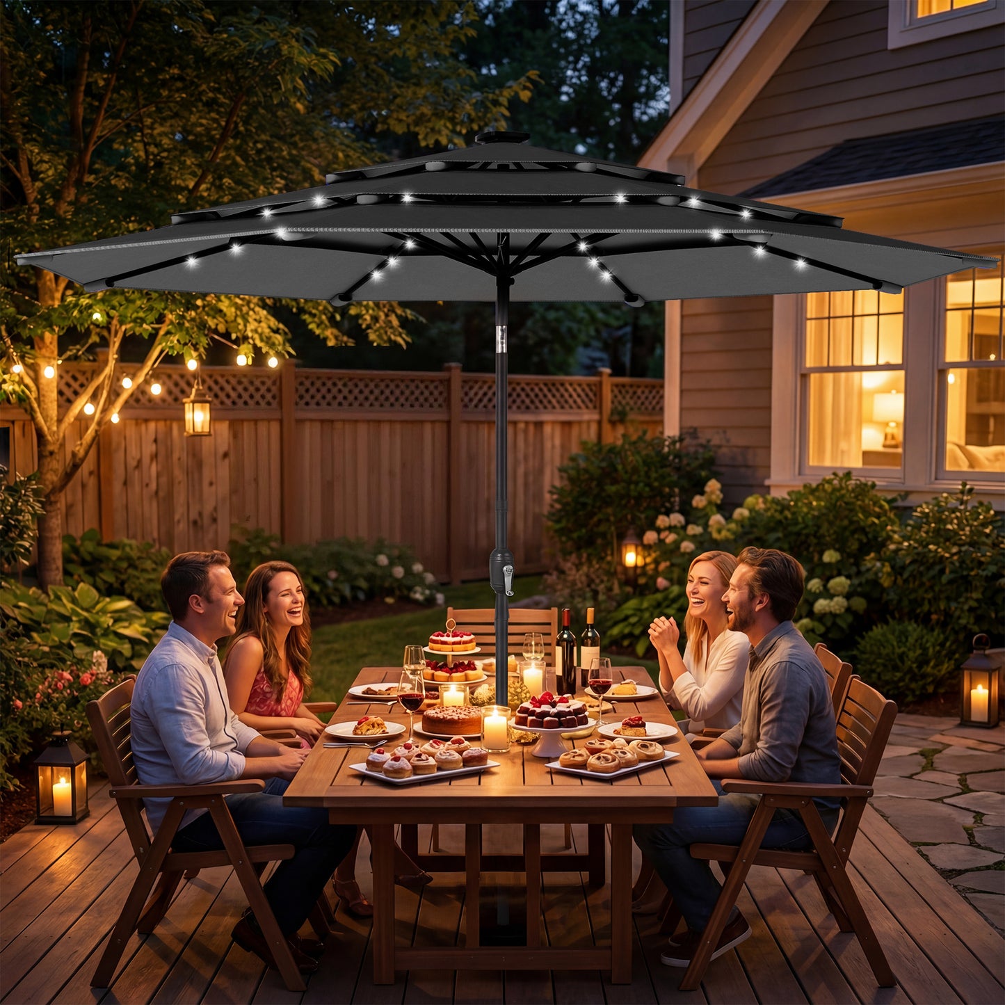 9.7 ft Outdoor Patio Umbrella with Solar LED Lights & Tilt
