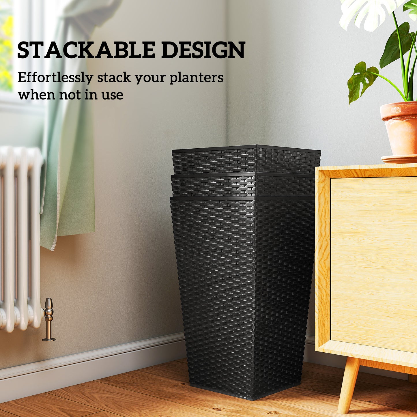 Set of 3 Tall Outdoor & Indoor Planters with Drainage Holes - Black, 24 Inches