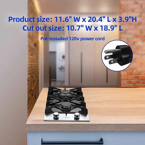 2-Burner Gas Cooktop with Tempered Glass Surface - 12 Inch Drop-In Kitchen Hob