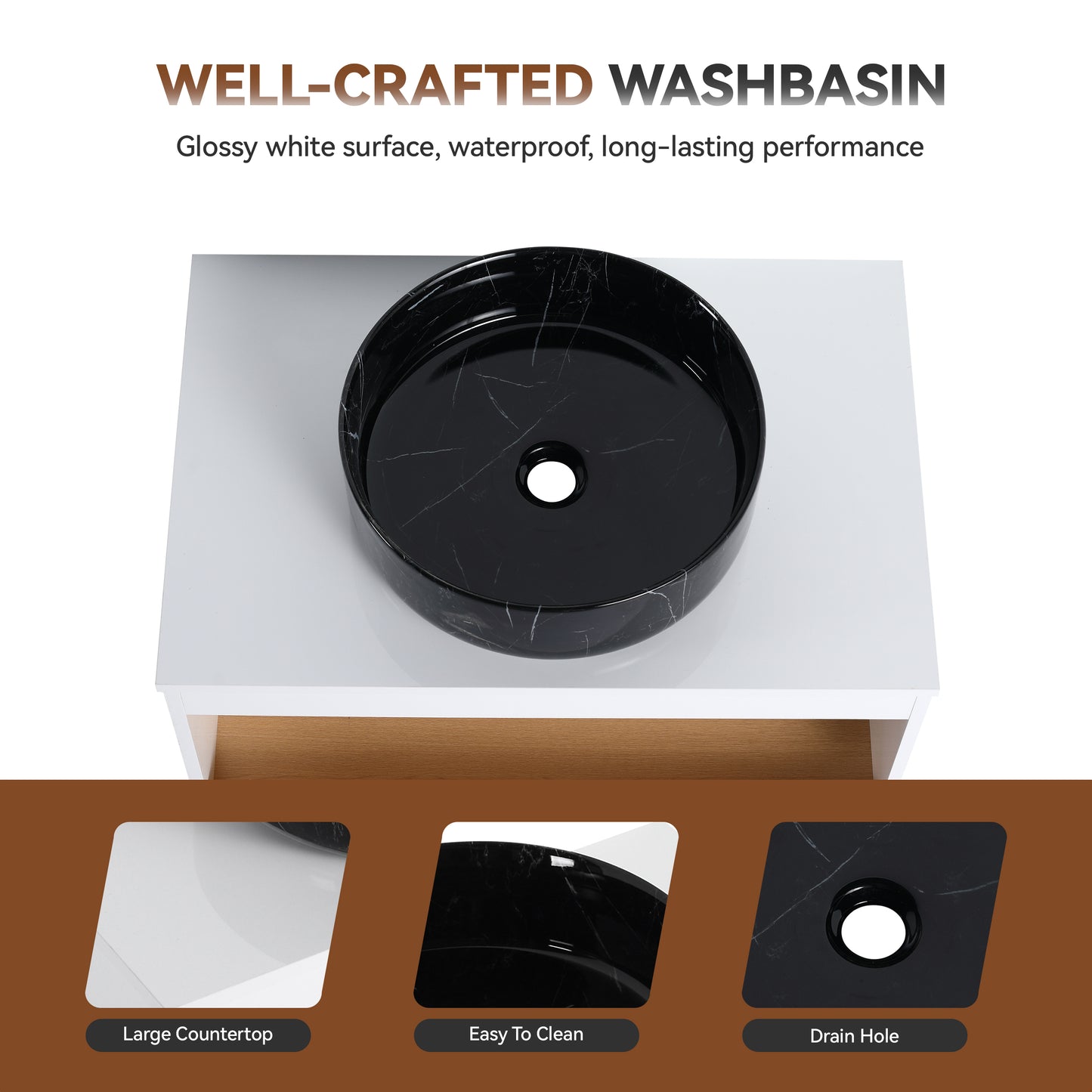 30" Floating Bathroom Vanity with Black Marble Vessel Sink