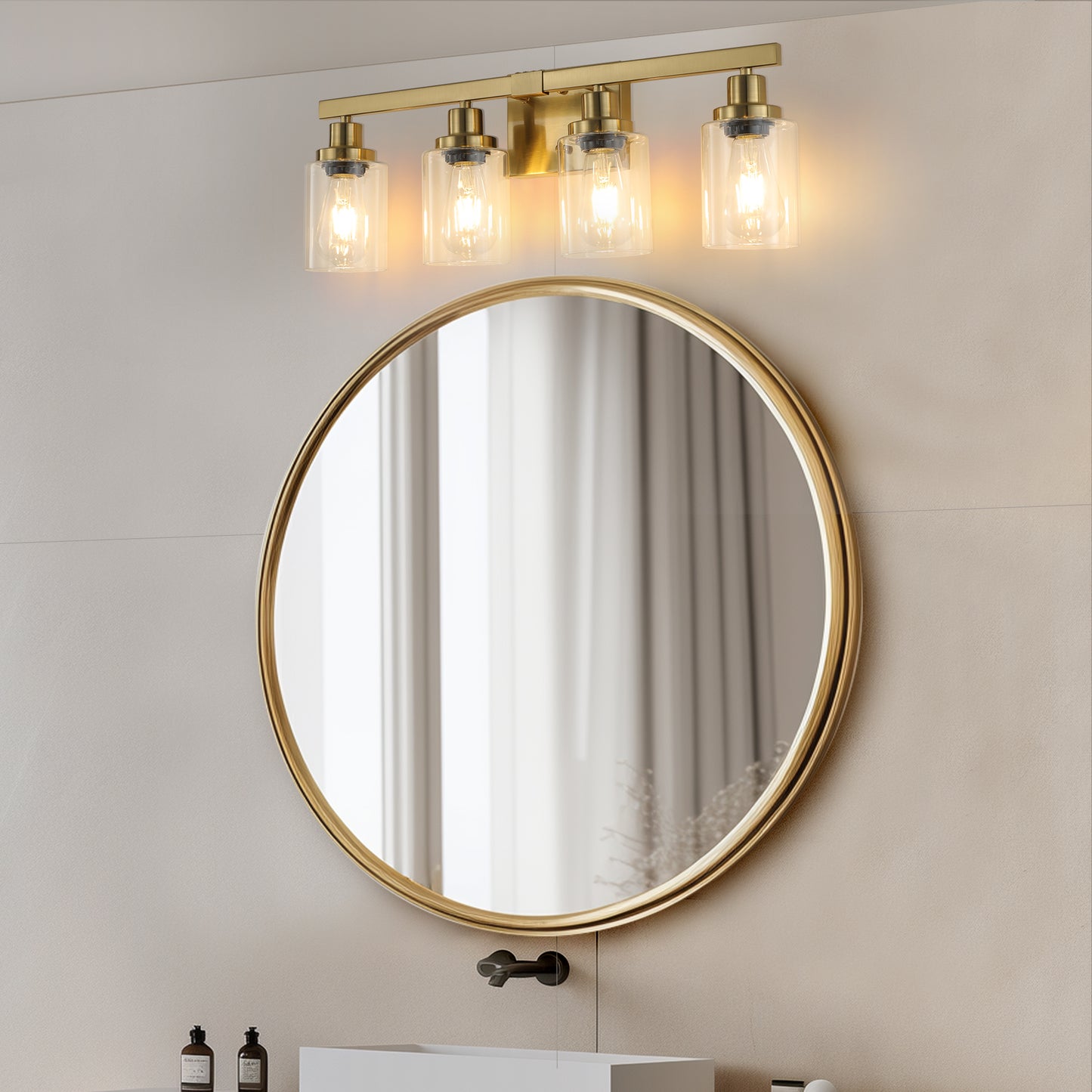 4-Light Golden Vanity Wall Light with Clear Glass Shades