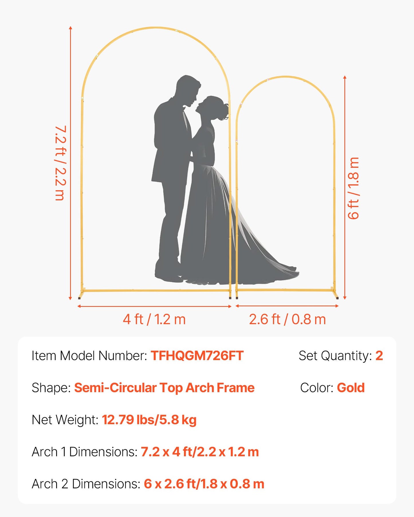 Gold Metal Arch Backdrop Stand Set for Wedding & Party Decorations - 2 Pieces