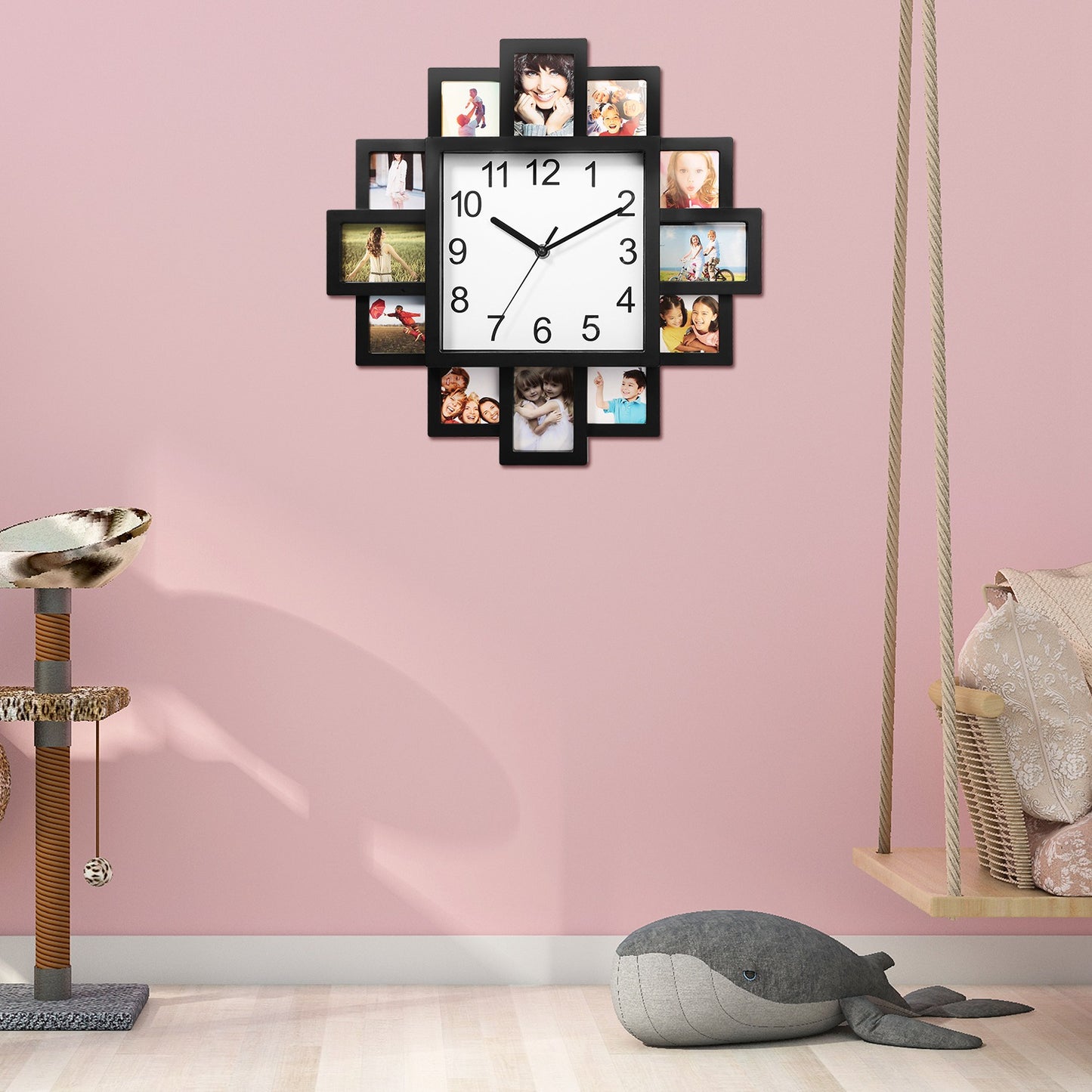 Photo Frame Wall Clock - 12 Picture Collage, Black