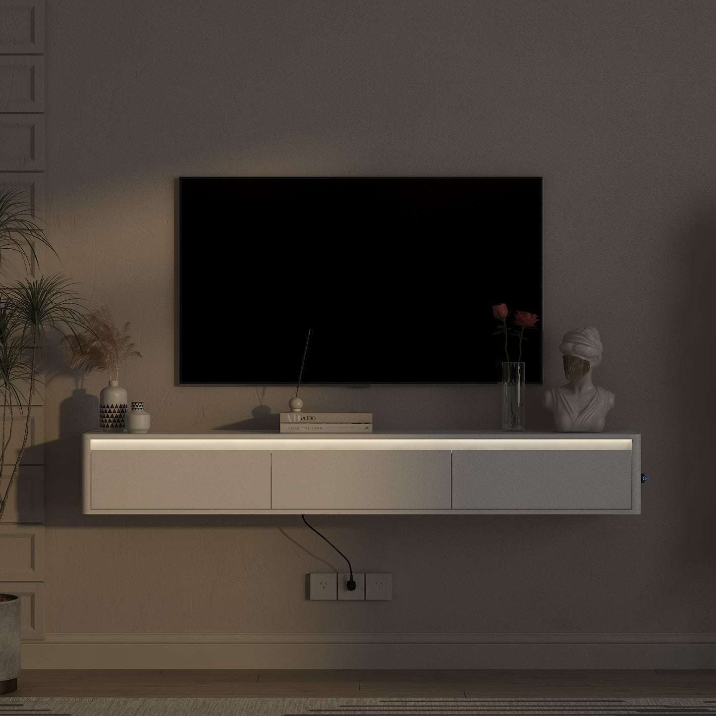 Floating TV Stand with LED Lights and Power Outlet - White