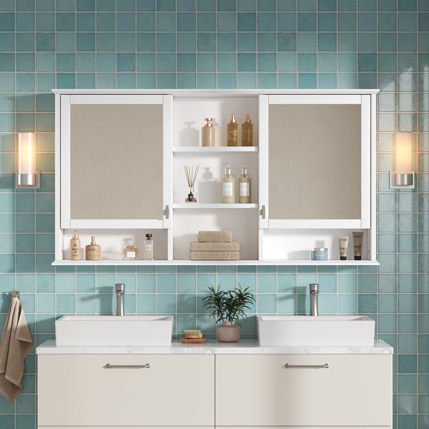 55-Inch Wall-Mount Mirror Cabinet with Adjustable Shelves - White