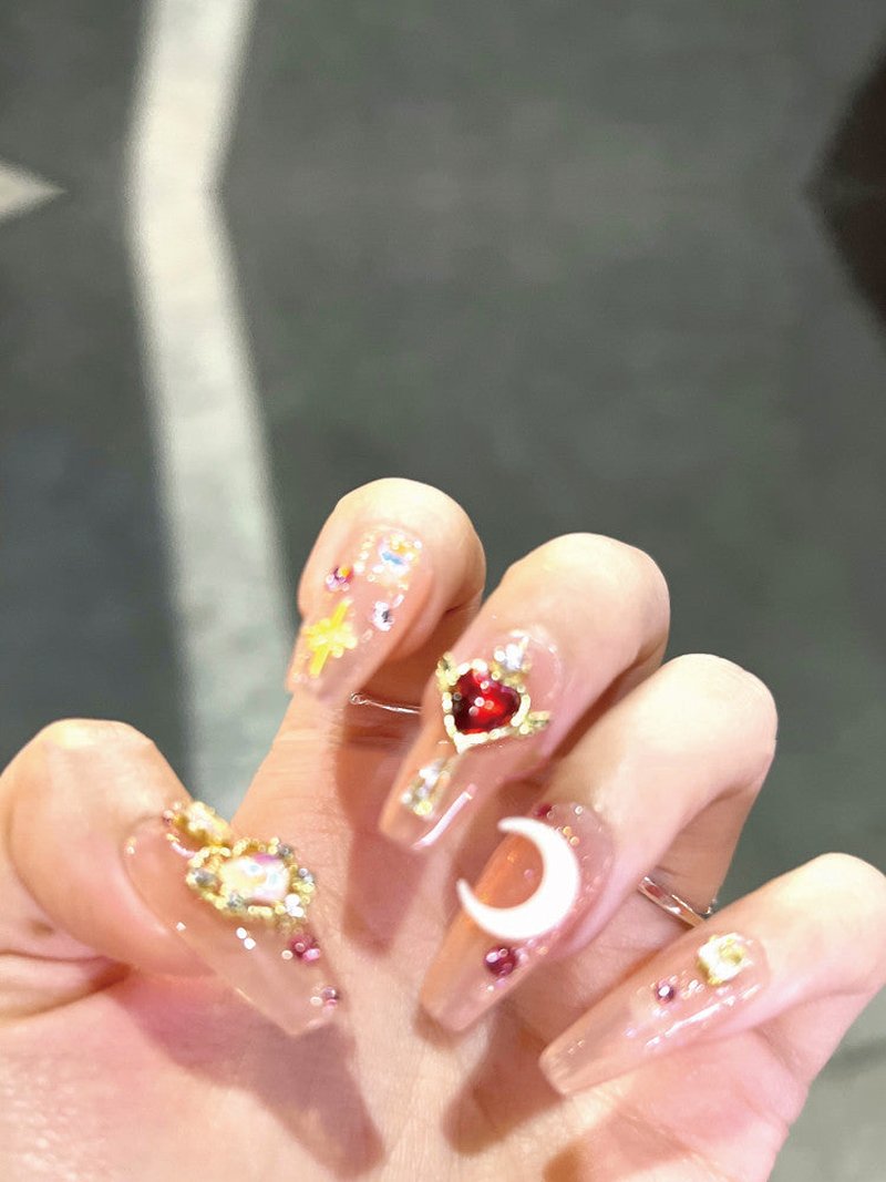 Fantasy Moon Sceptre Wearable Nails - Orange Pink