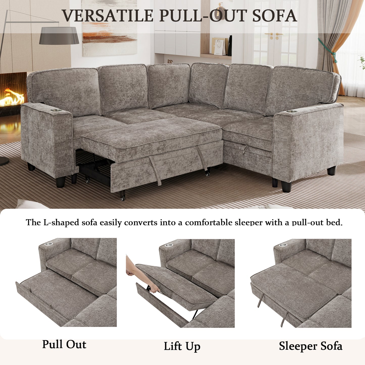 L-Shaped Sofa Bed with Storage & USB Ports - Light Brown