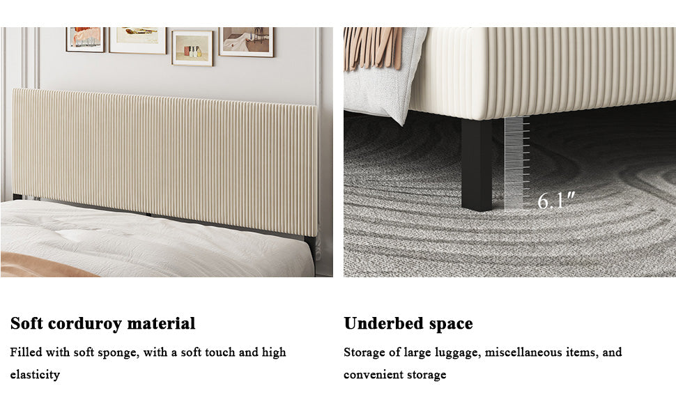King Platform Bed Frame with Upholstered Headboard - Beige