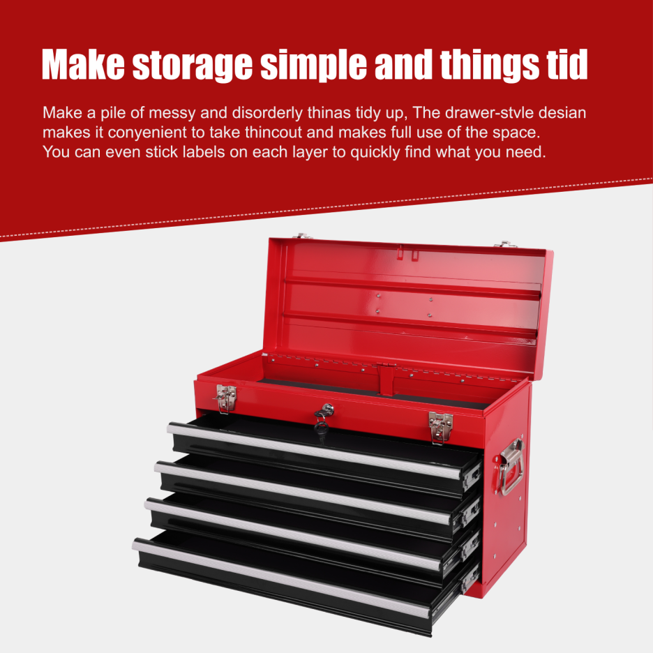 Heavy Duty Metal Tool Box 21-Inch with 4 Drawers, Locking & EVA Liners - Portable Steel Organizer, Red & Black