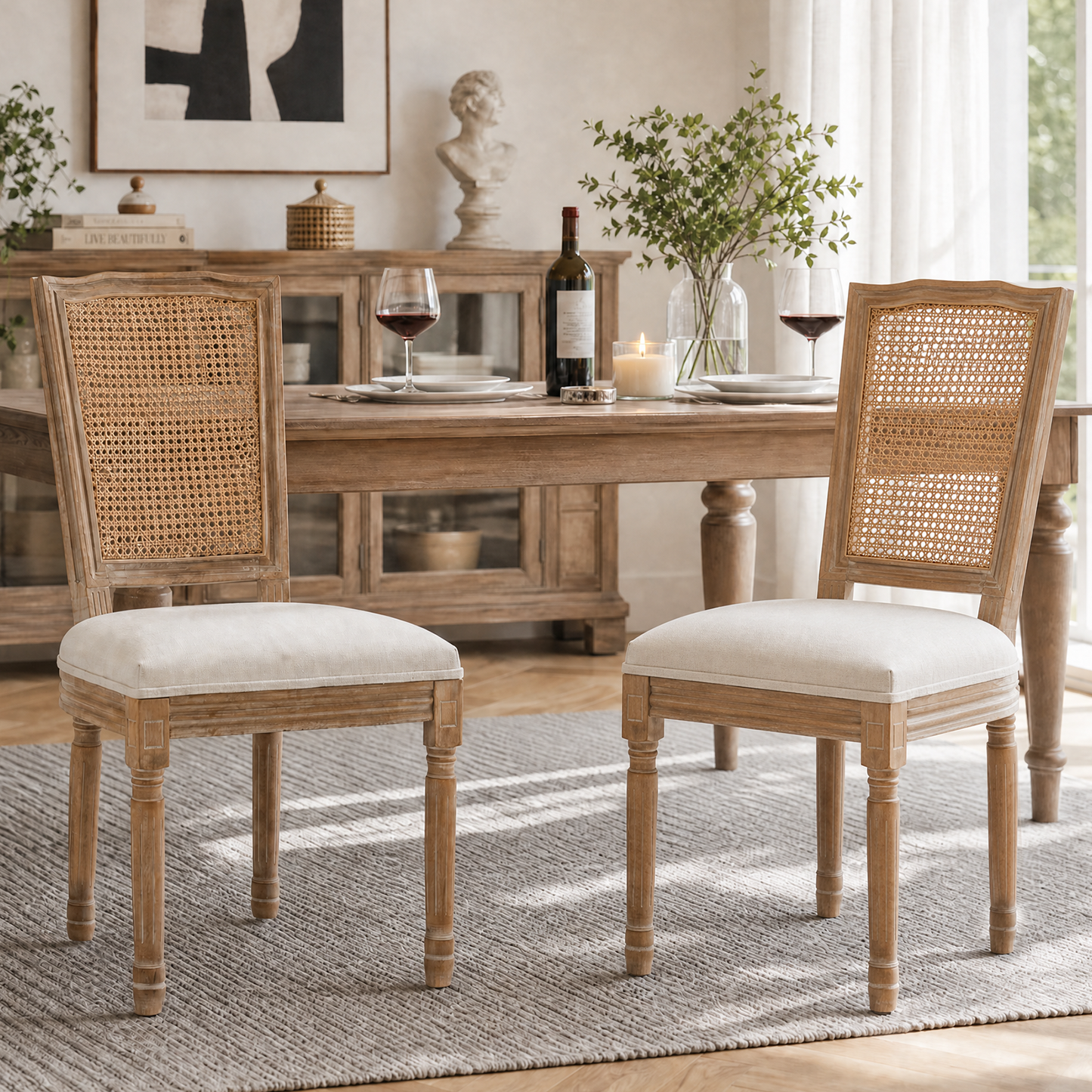 Farmhouse Dining Chairs Set of 2 - Solid Wood, Beige Linen Seat