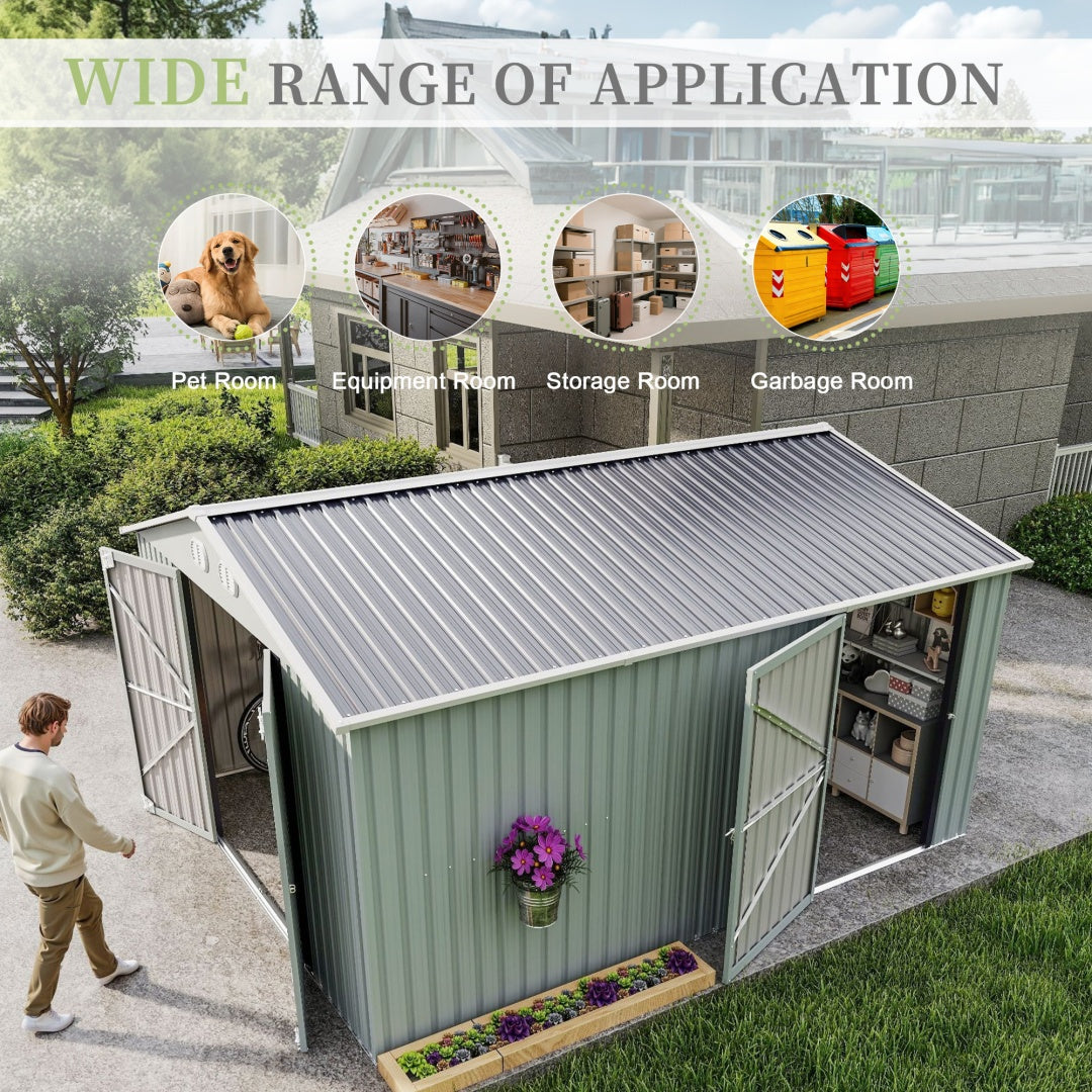 10x12 FT Outdoor Metal Storage Shed with Lockable Door - White
