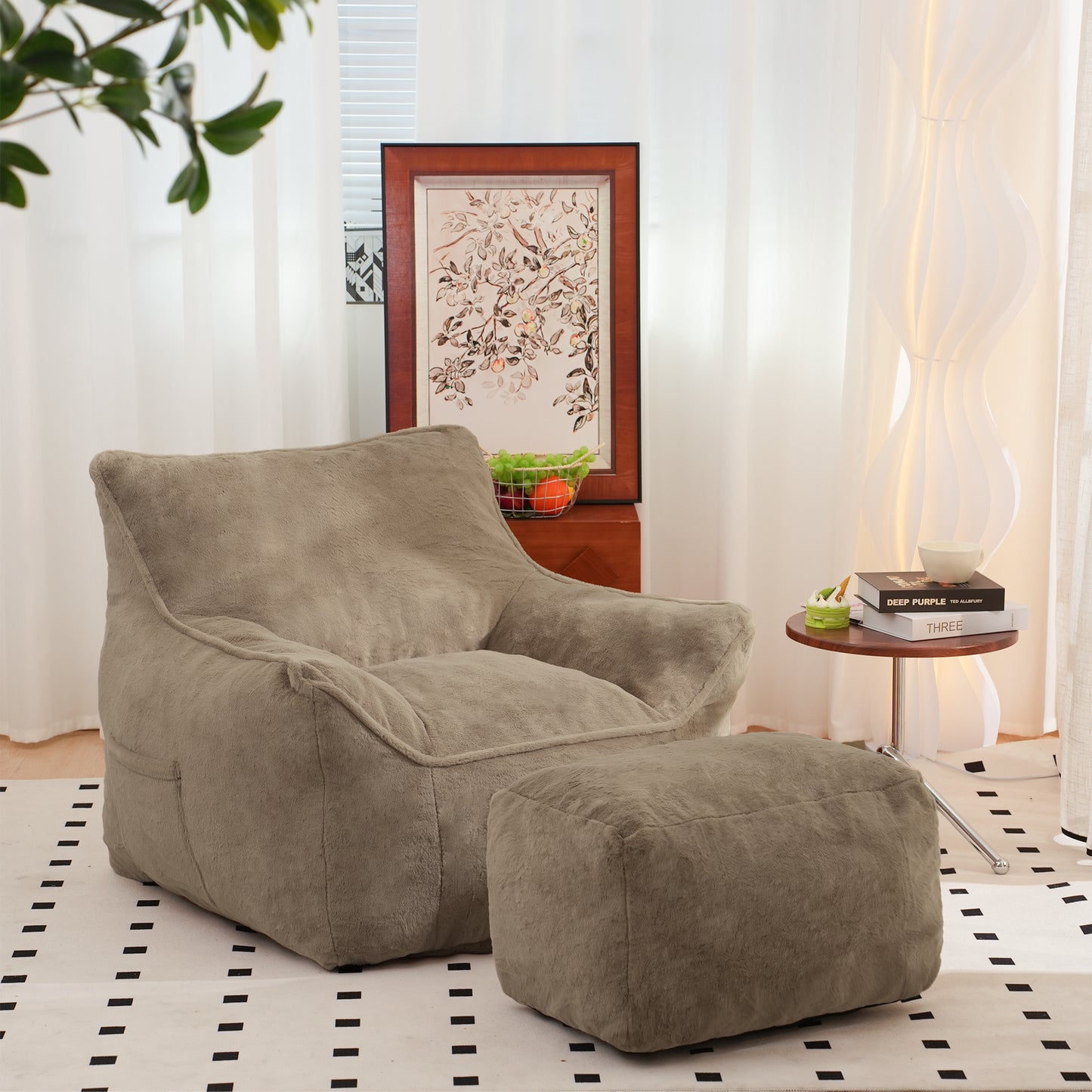 Soft Tufted Foam Bean Bag Chair with Faux Fur - Light Coffee