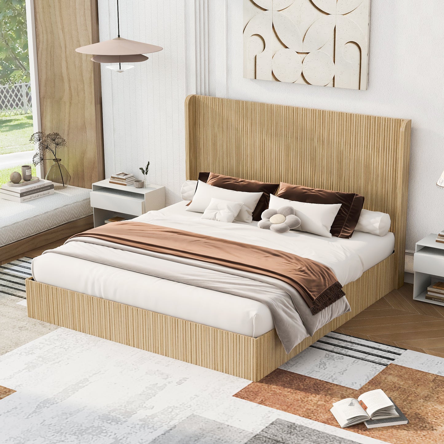 King Size Mid-Century Fluted Wood Bed Frame with Wingback Headboard