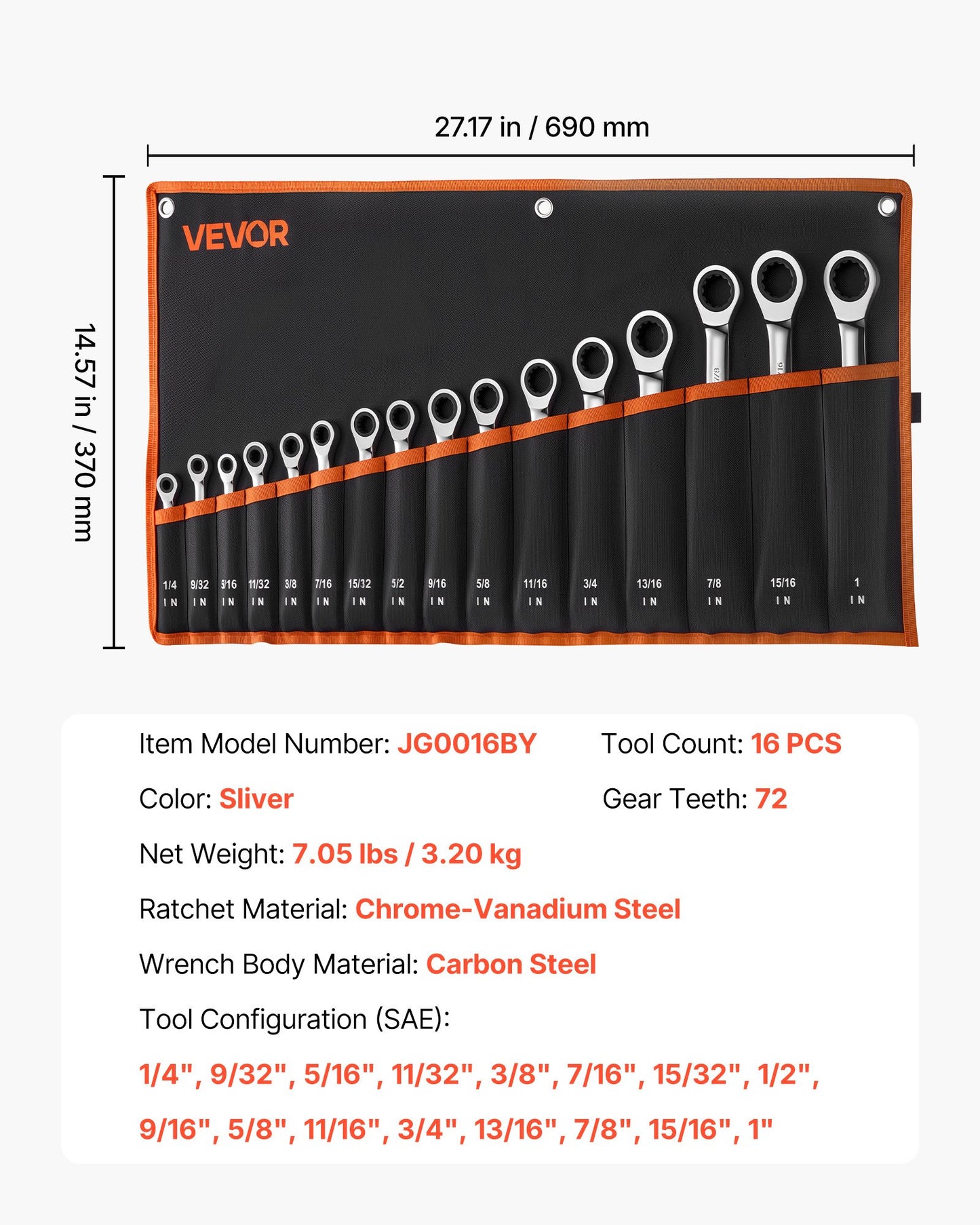 16-Piece SAE Combination Wrench Set with Ratchet, Open End, Steel, Black