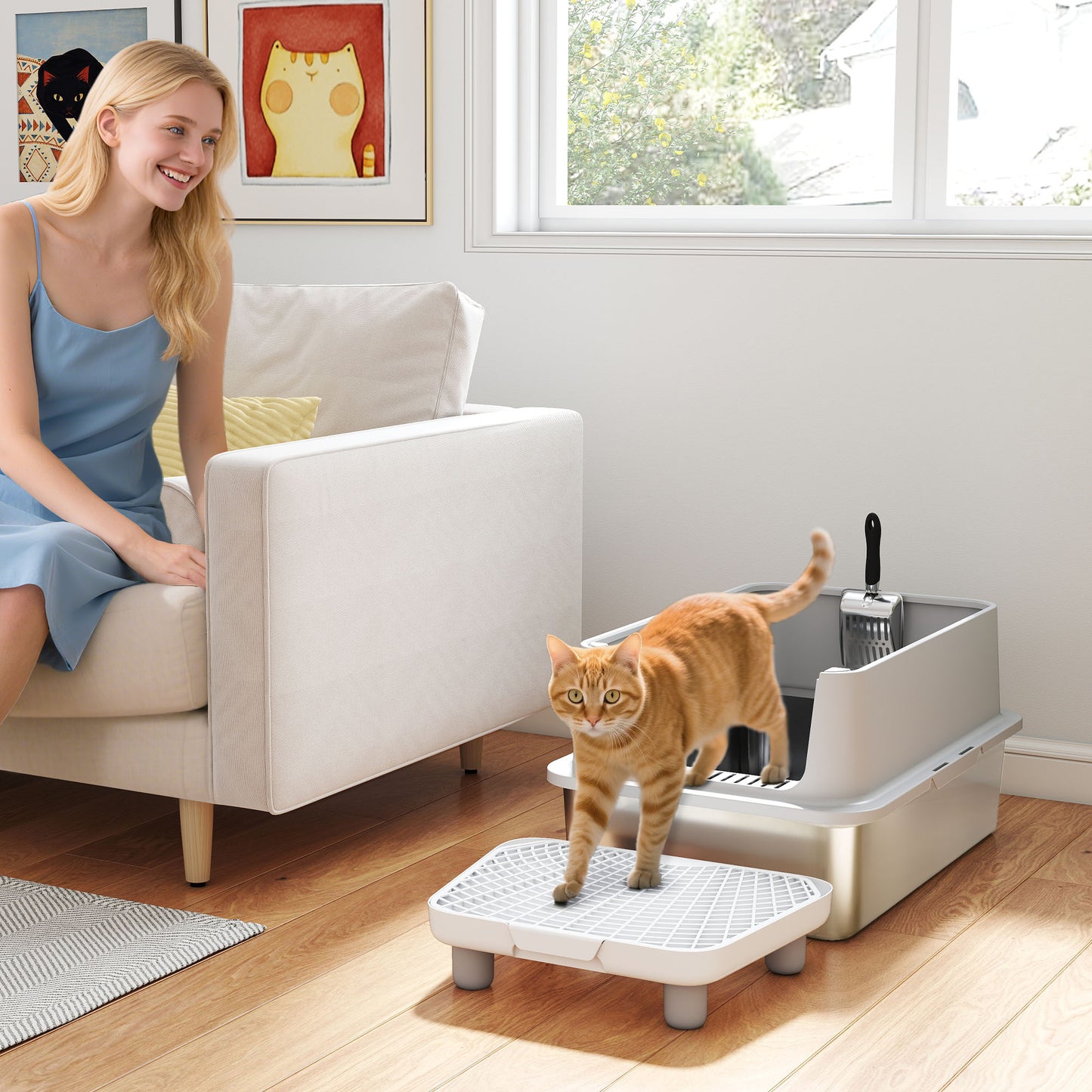 Extra Large Stainless Steel Cat Litter Box with Scoop & Pad - Anti-Leak & Easy Clean