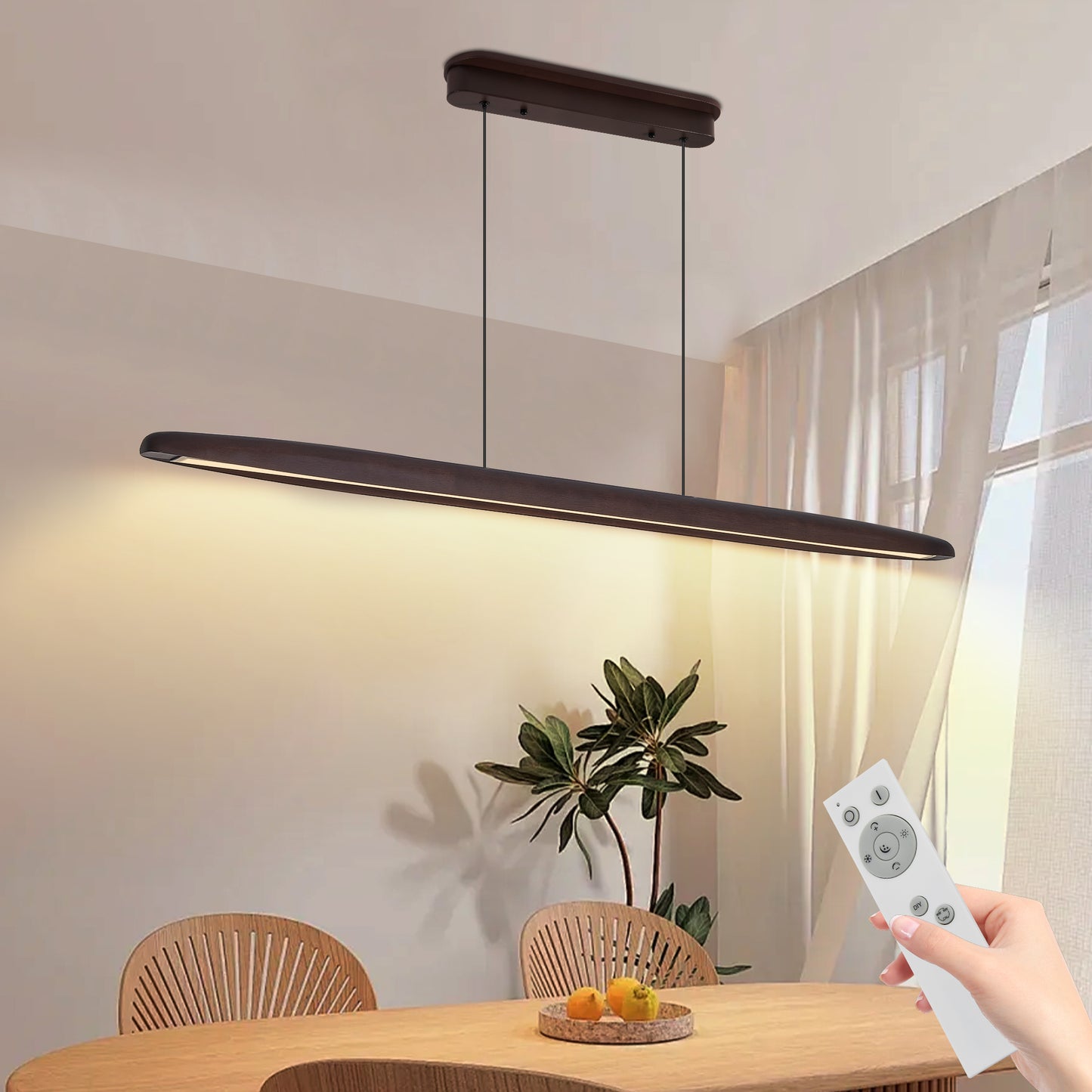 51-Inch LED Pendant Light with Remote Control - Walnut Finish