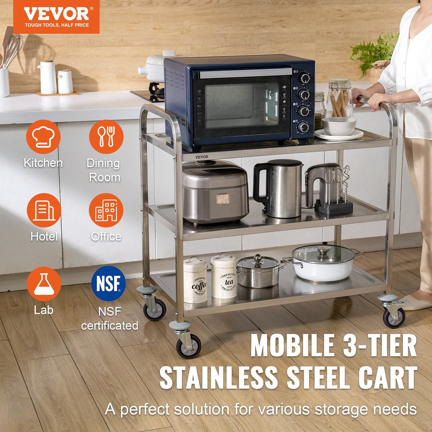 3-Tier Utility Cart with 450 lbs Capacity - Steel Rolling Storage Cart