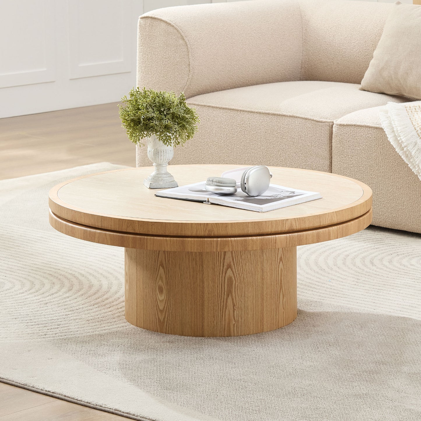 35.43 Inch Coffee Table with Sintered Stone Top & MDF Base - Natural