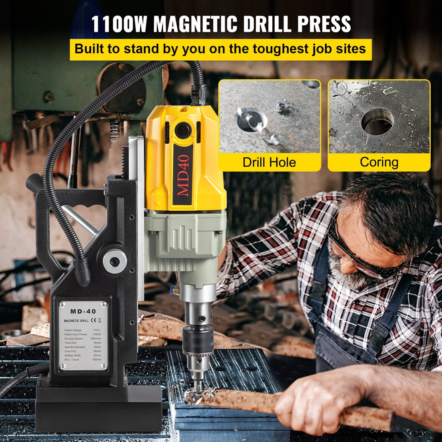 1100W Magnetic Drilling Machine with 7 Bits - Portable Power Drill for Steel & Home Use