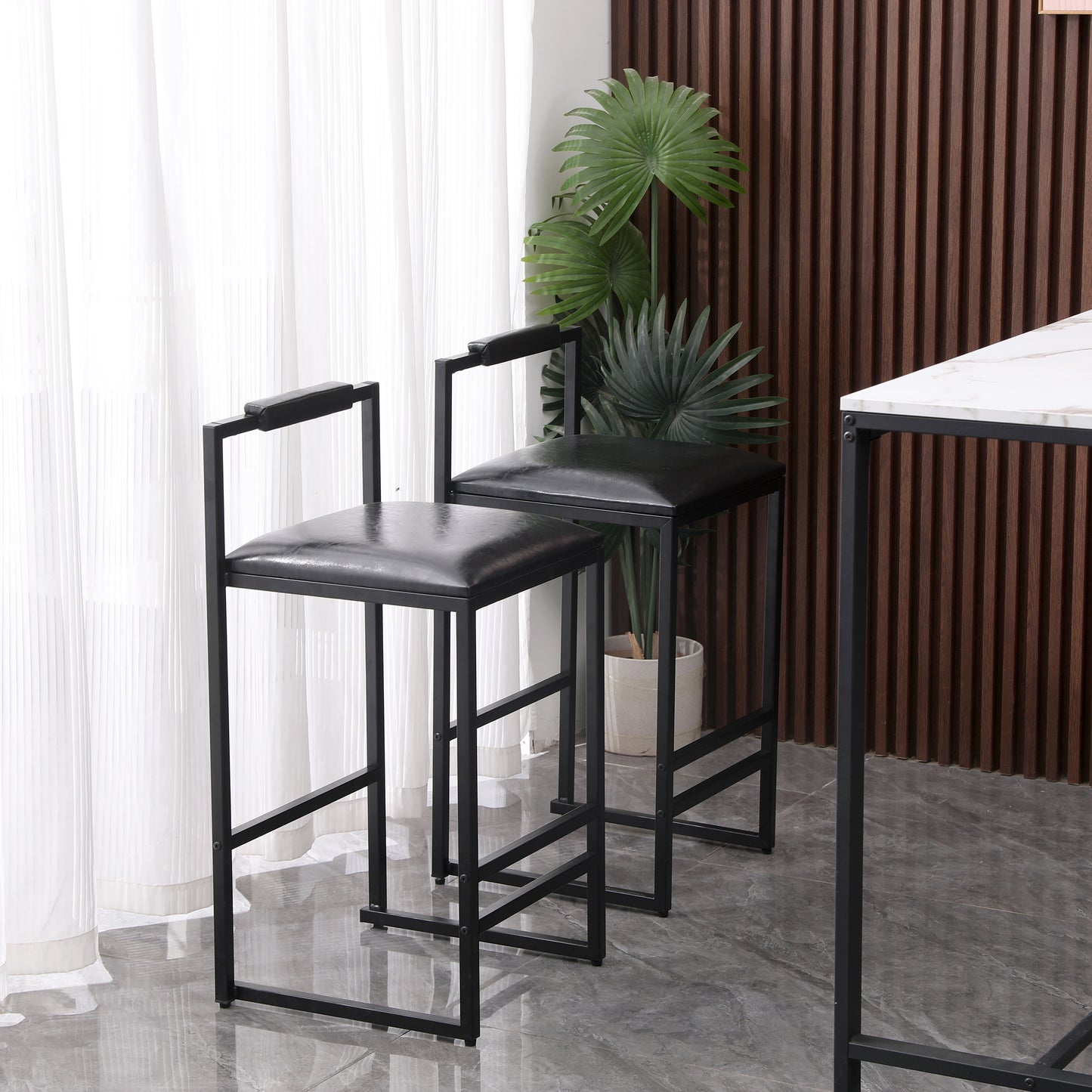 Black Bar Stools with Backrest - Set of 2 Counter Height Chairs