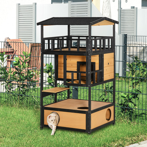 Wooden Outdoor Cat House with Play Platforms and Escape Door - Yellow