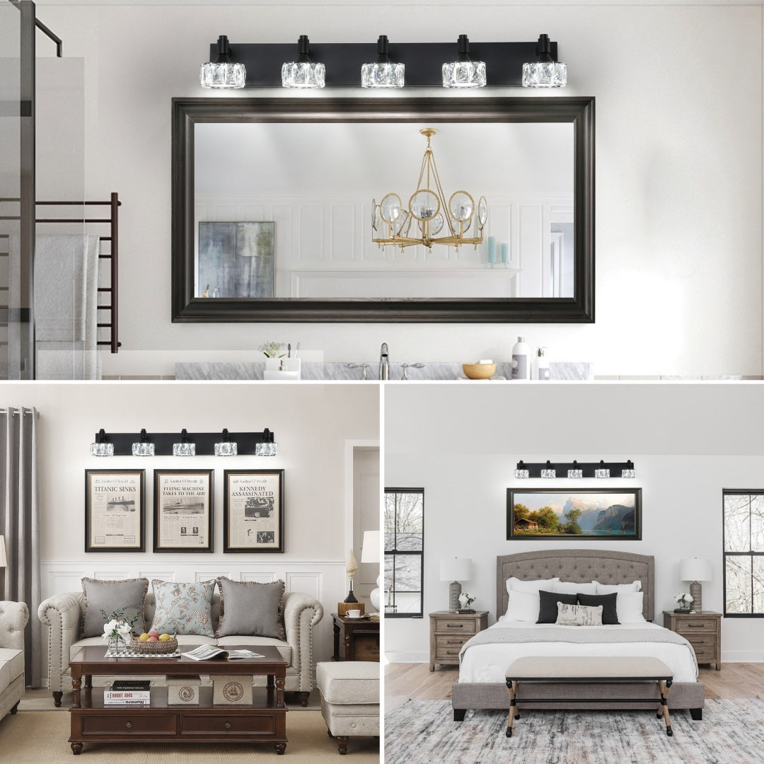 5-Light Matte Black LED Vanity Light Fixture with Crystal Shades