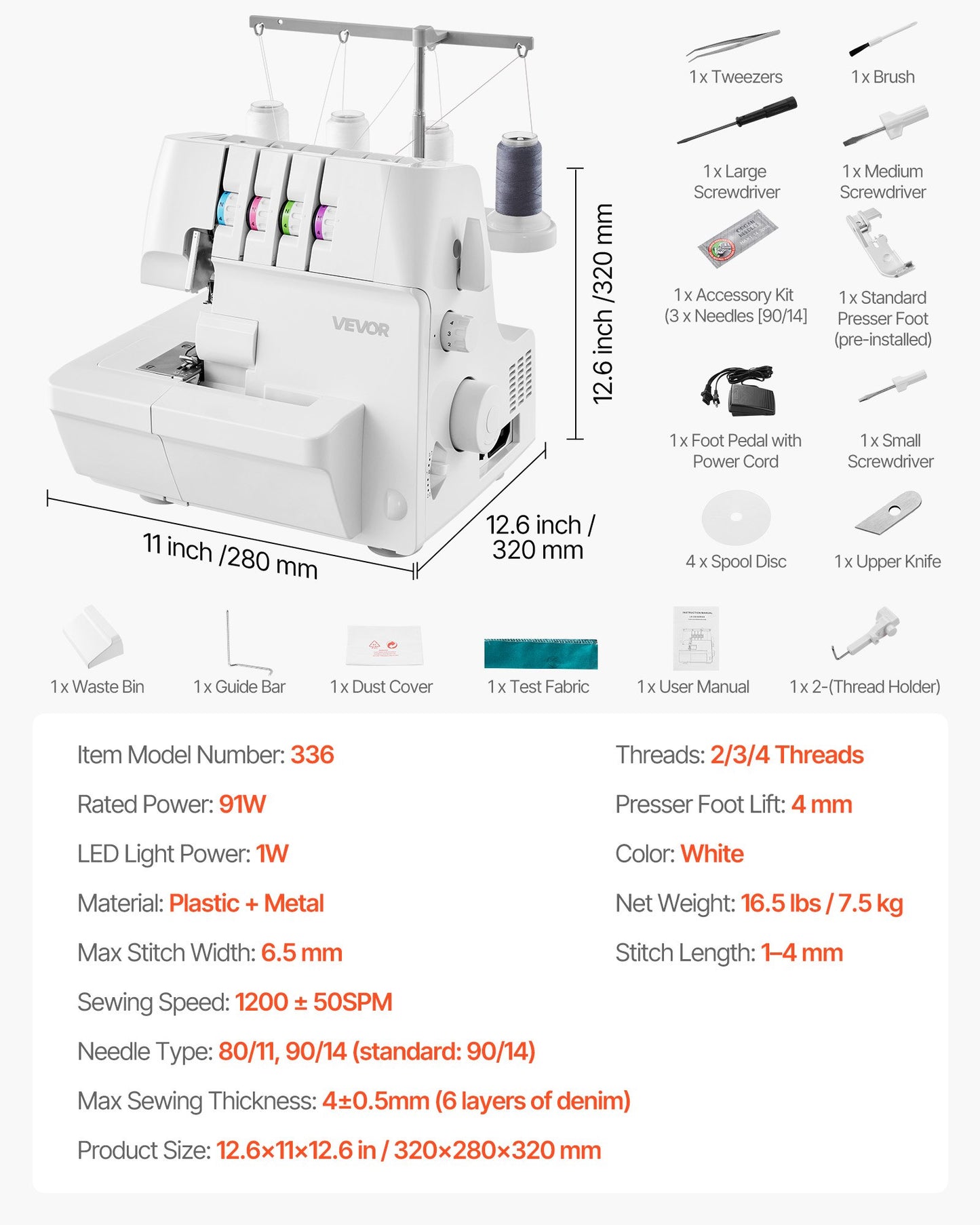 Serger Overlock Sewing Machine - 1250 SPM, 2-3-4 Thread, Adjustable Differential Feed, Free Arm, LED Light, White