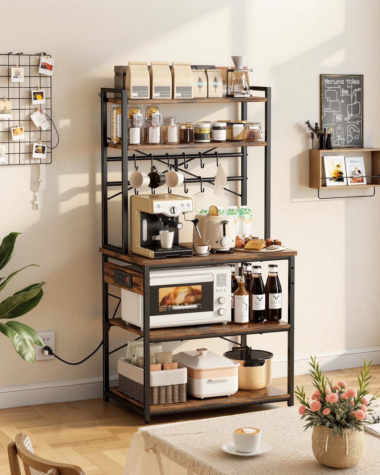 5 Ft Kitchen Bakers Rack with Power Outlet and Hooks - Black Steel Stand for Kitchen Storage
