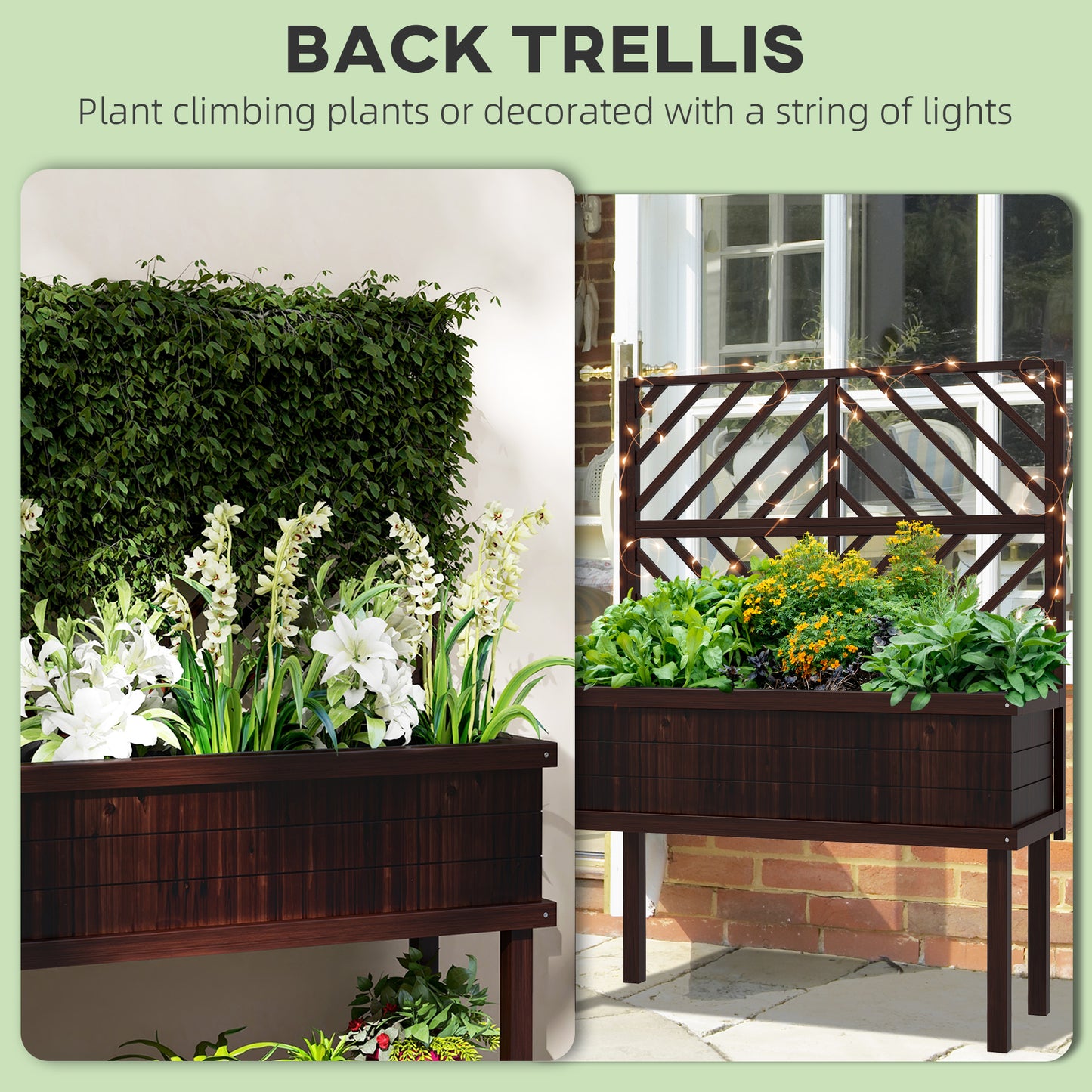 Wood Planter with Trellis for Climbing Plants - Raised Garden Bed, Carbonized, 1140x420x230mm
