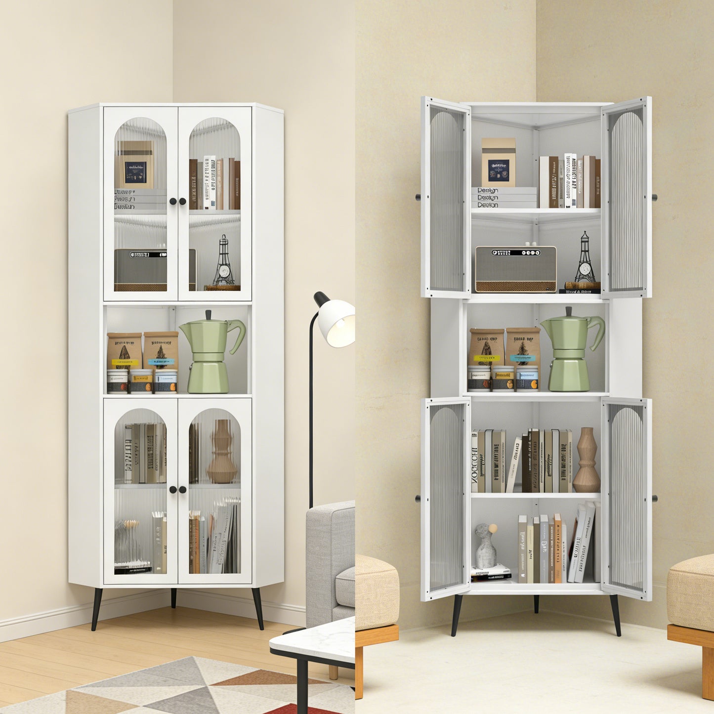 73'' White Metal Corner Storage Cabinet with Adjustable Shelves