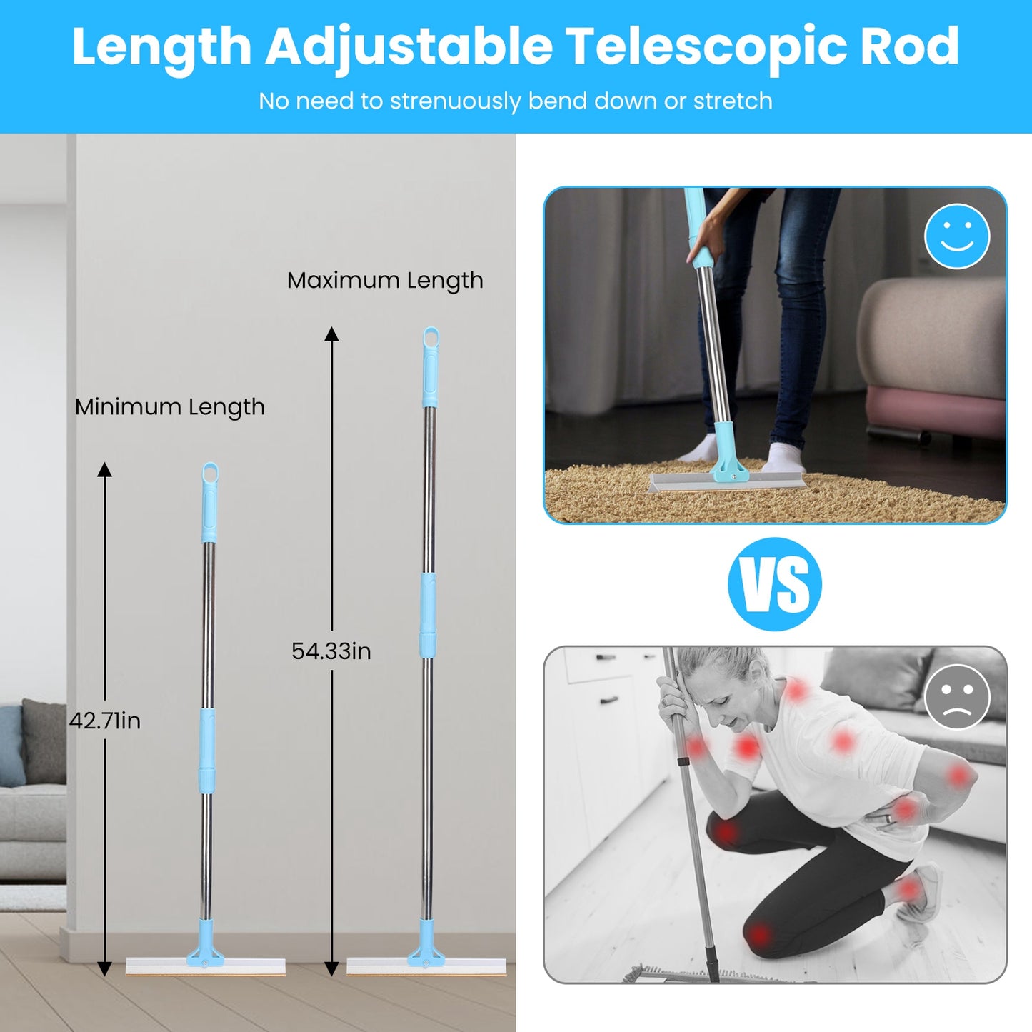 Pet Hair Removal Rake with Adjustable Telescopic Rod - Multi-Fabric Dog & Cat Hair Scraper