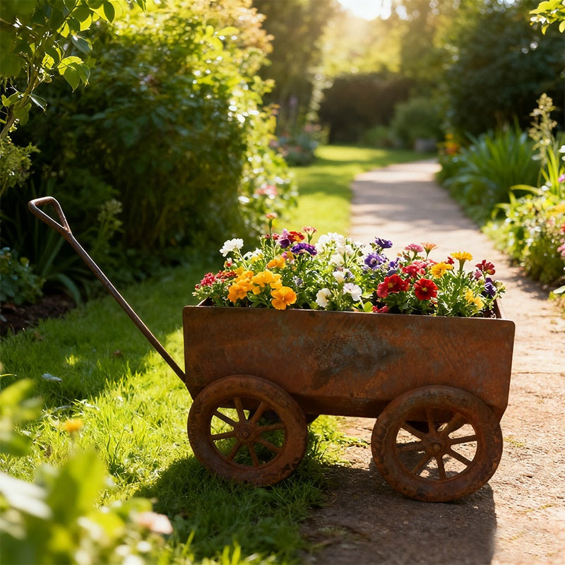 Rustic Metal Wheelbarrow Flower Pot for Outdoor Garden Decor - Cart Style