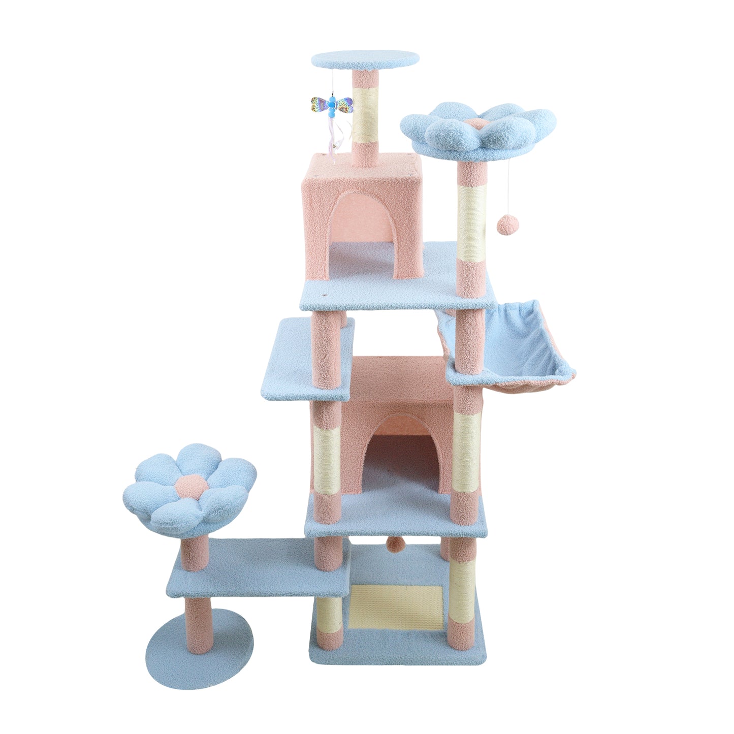 71-Inch Cat Tree with Large Condo, Removable Flower Cushion & Hammock - Blue