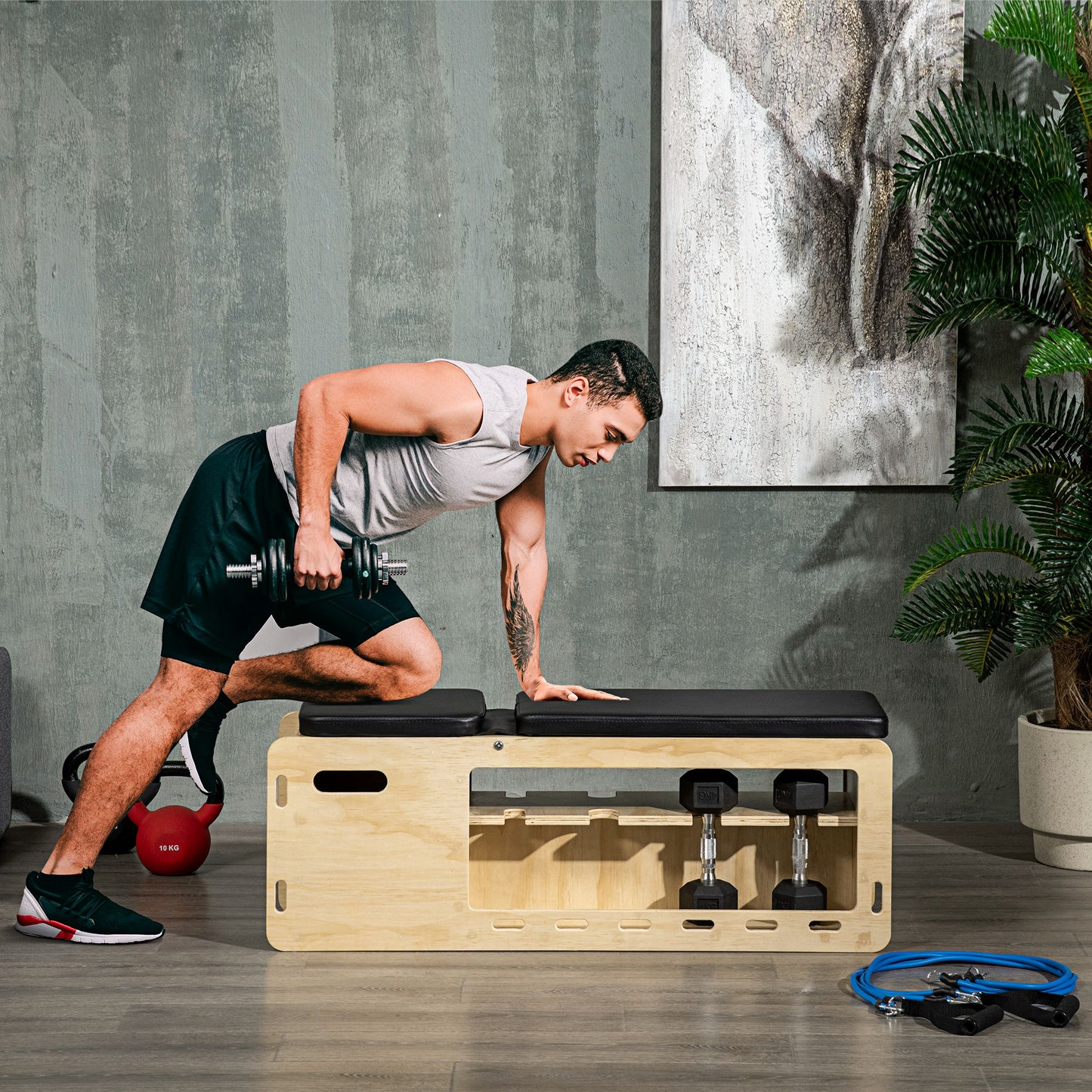 Adjustable Weight Bench with Dumbbell Rack & Resistance Bands