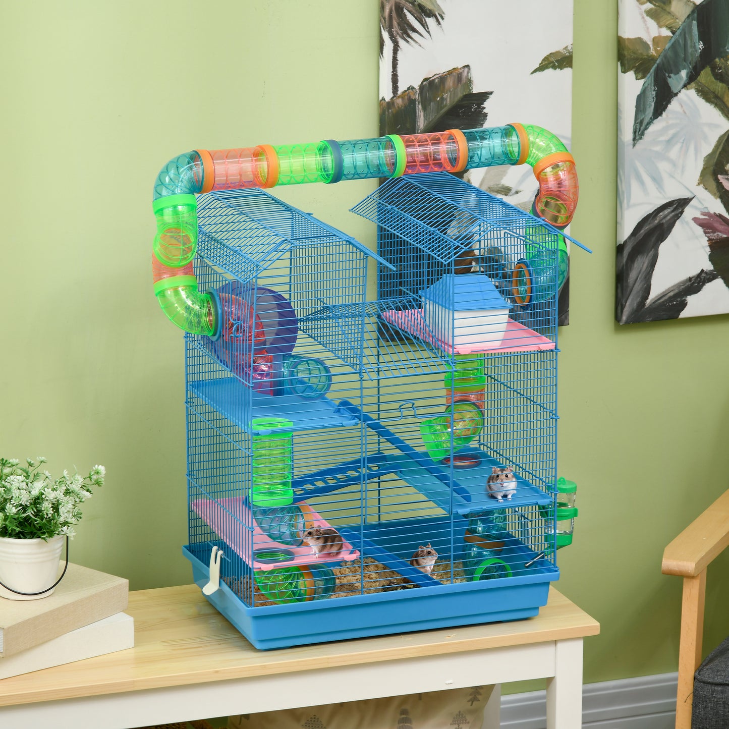 18.5-Inch Small Animal Hamster Cage with Tunnels Water Bottle and Exercise Wheel - Blue
