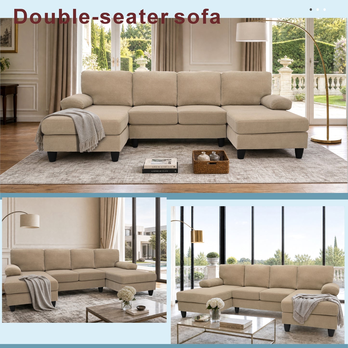 U-Shaped Sofa with Nubby Upholstery and Dual Chaise - Camel