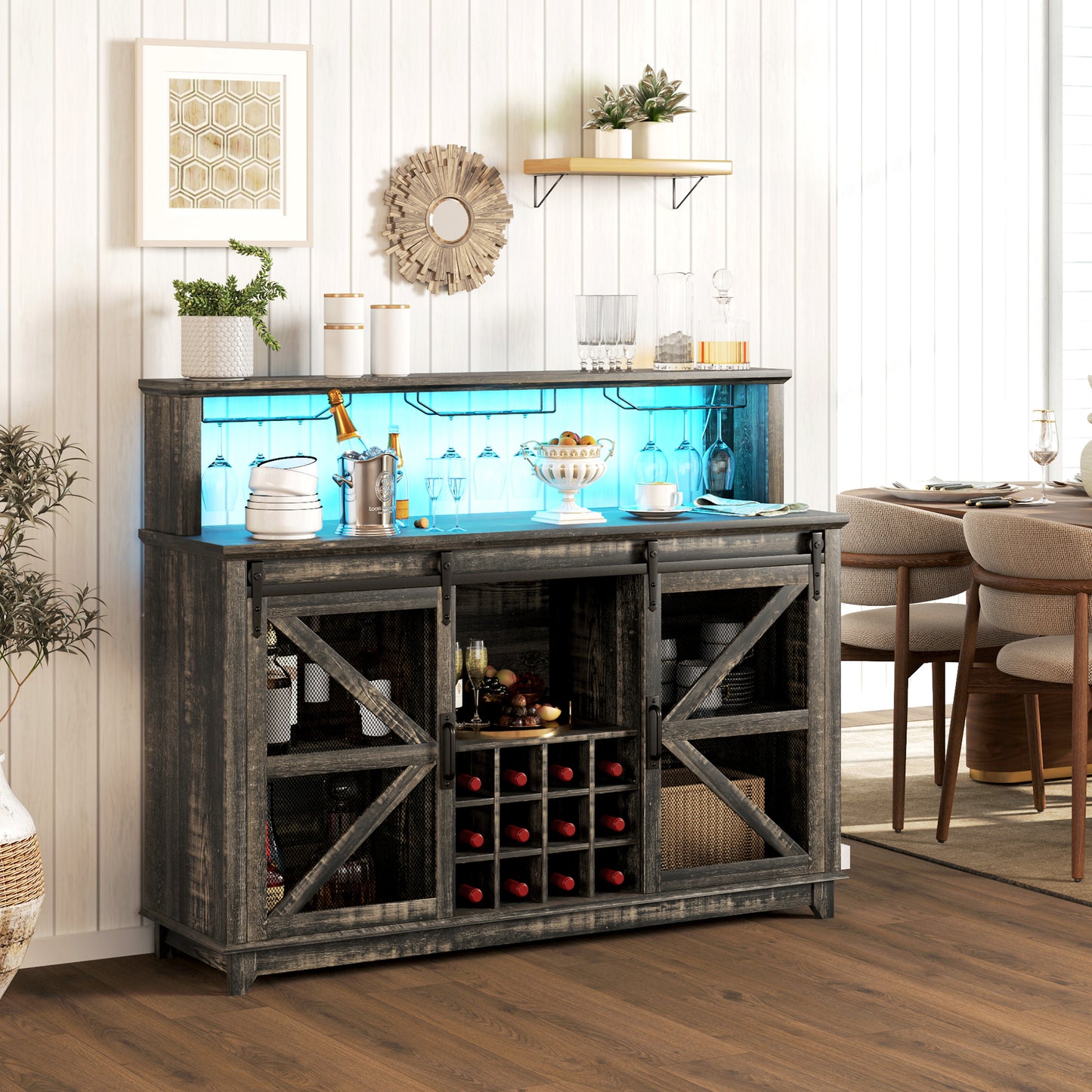 55" Distressed Brown Coffee Bar Cabinet with LED Lights