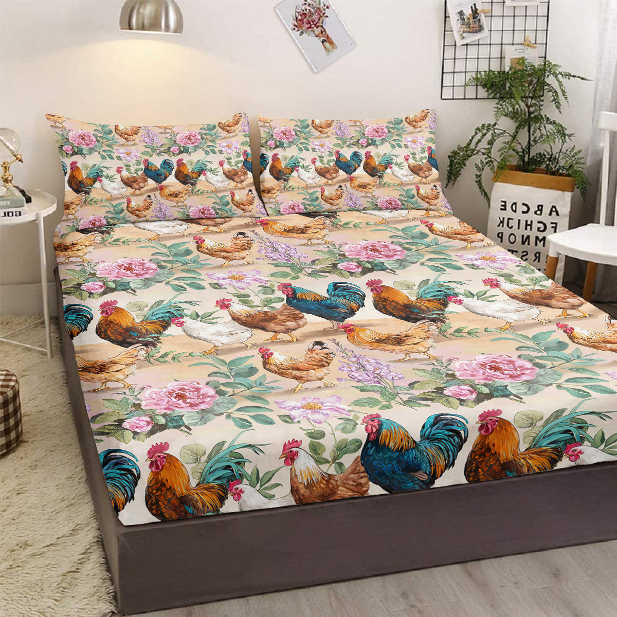 Farmhouse Animal Bed Sheet Set - Deep Pocket Fitted Bedding with Floral Rose Pattern