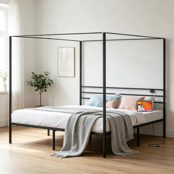 Sturdy Canopy Bed Frame with Storage Space - Metal Design