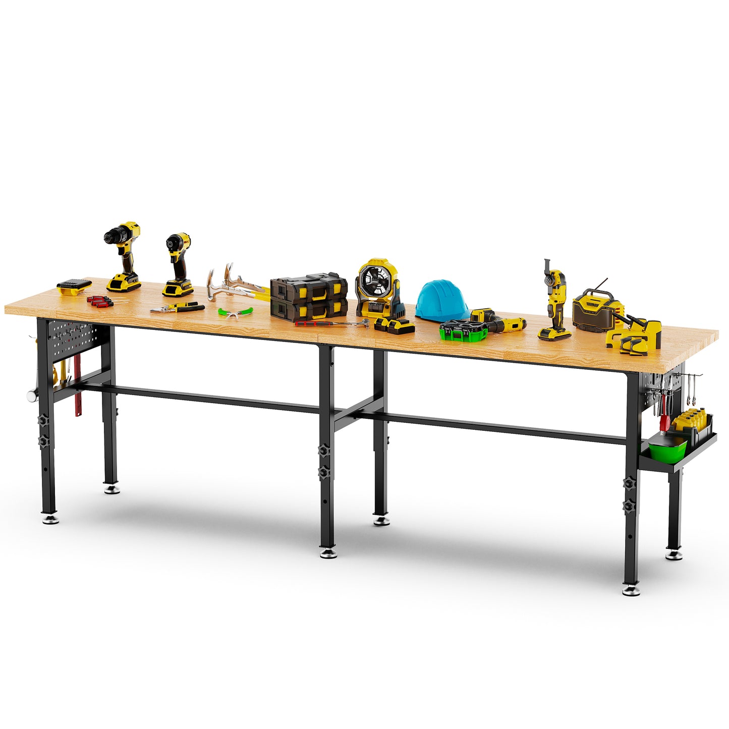 96-Inch Adjustable Workbench with Side Pegboard, Solid Wood Top, Power Outlet, 2000 Lb Capacity, Garage Work Table with Wheels or Feet - Black