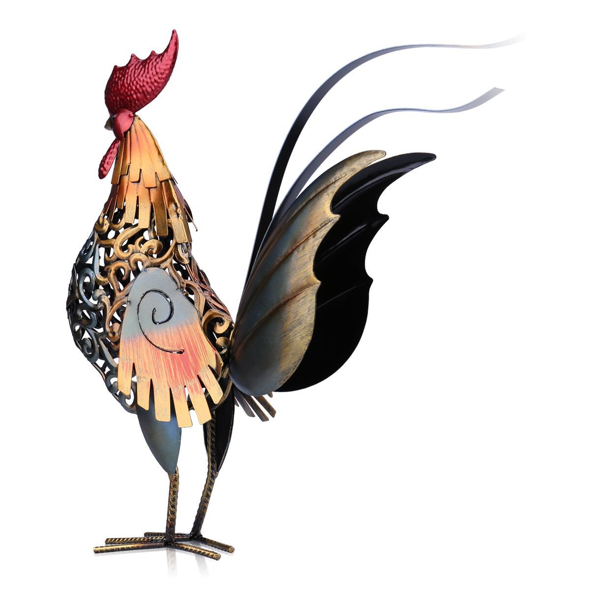 Wrought Iron Rooster Decoration - Animal Hanging Ornament in Gold & Silver