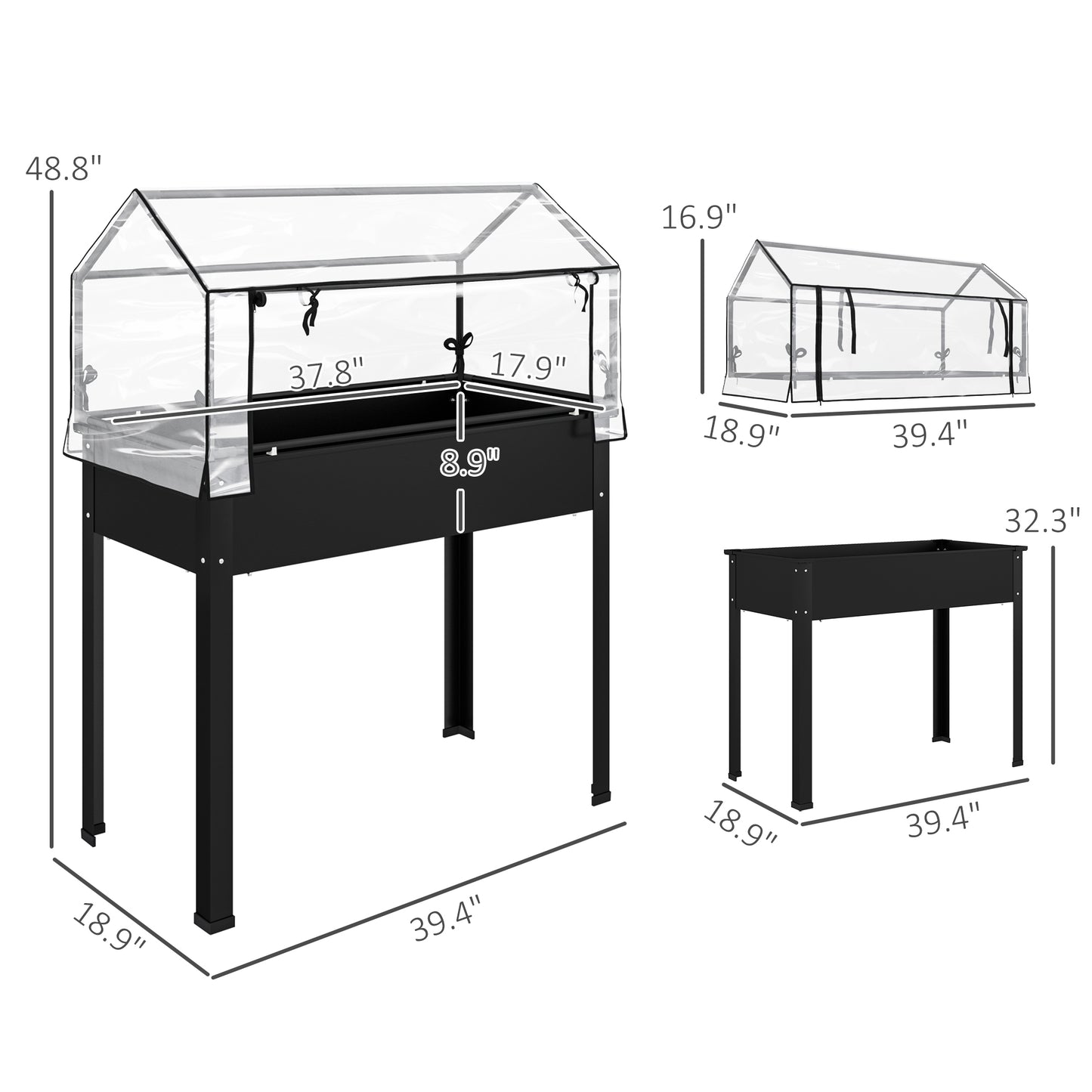 Elevated Garden Bed with Greenhouse Cover - Raised Vegetable Planter, Black