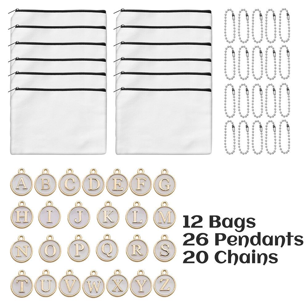 12 Pcs DIY Paintable Canvas Pouch Set with Charms and Chains