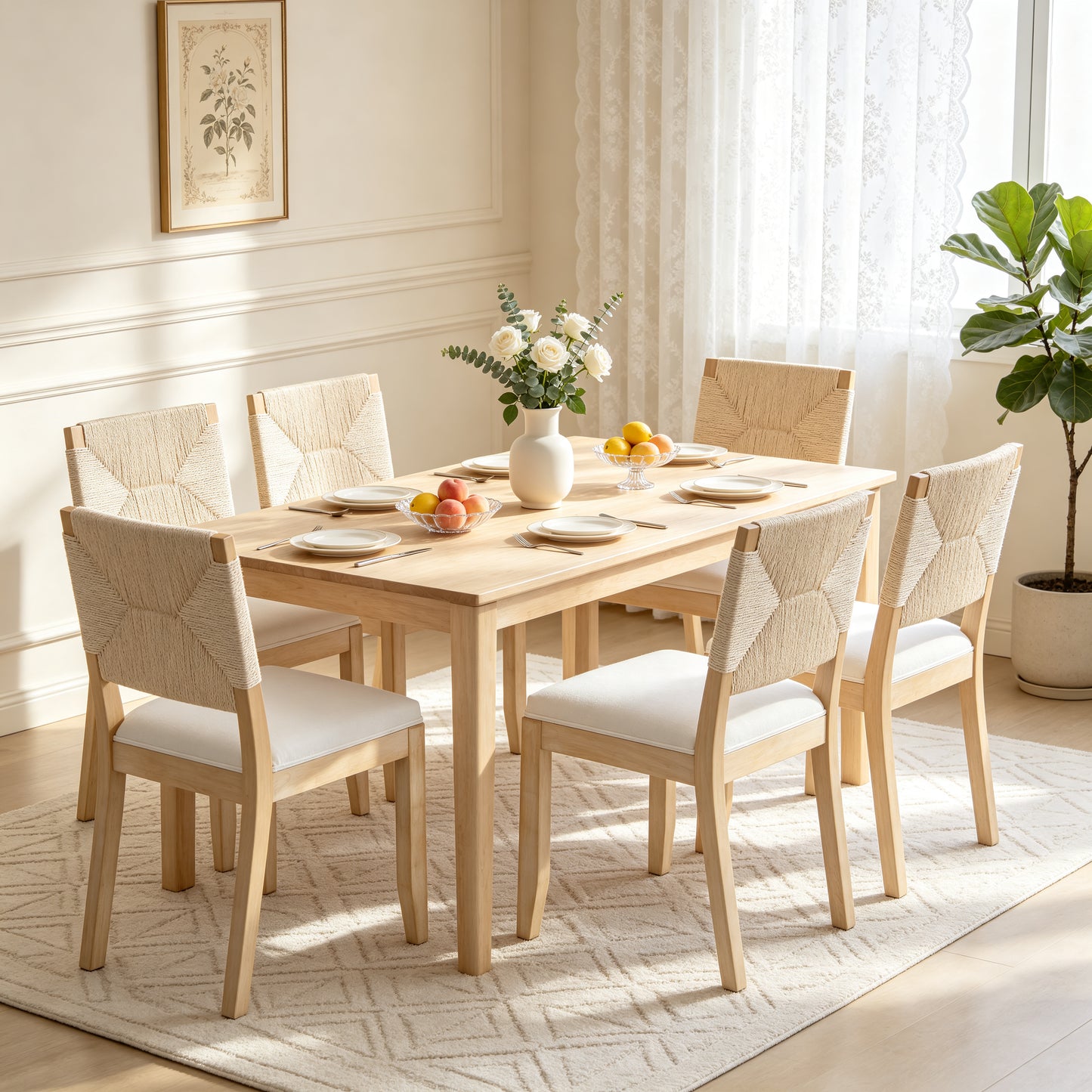 Beige Farmhouse Dining Chairs Set of 2 - Woven Back & Upholstered Seat