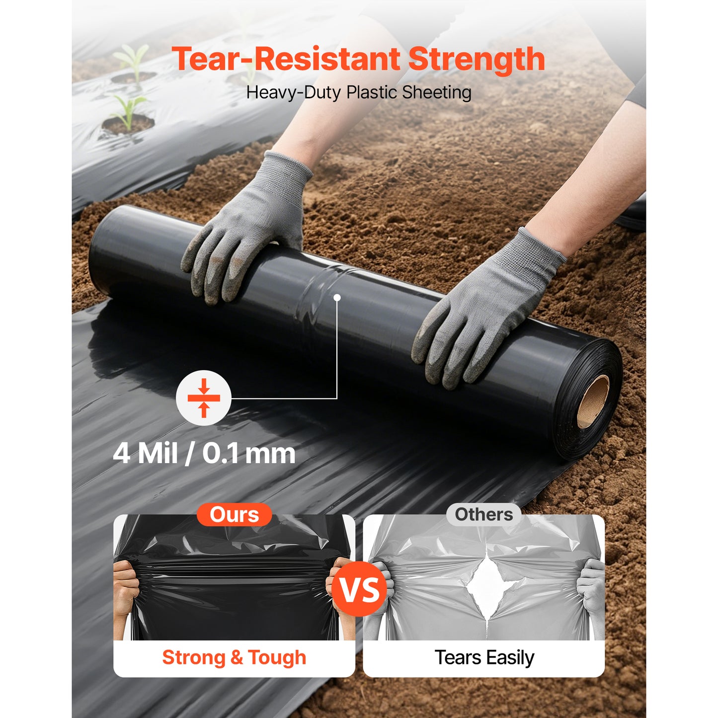 Heavy Duty Plastic Sheeting Roll 10x100ft Black Polyethylene for Garden & Covering