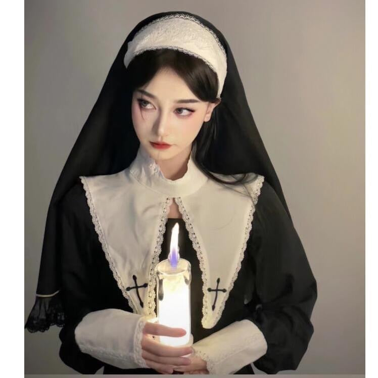 Gothic Nun Scarf Headband - Elastic Band Hair Accessory
