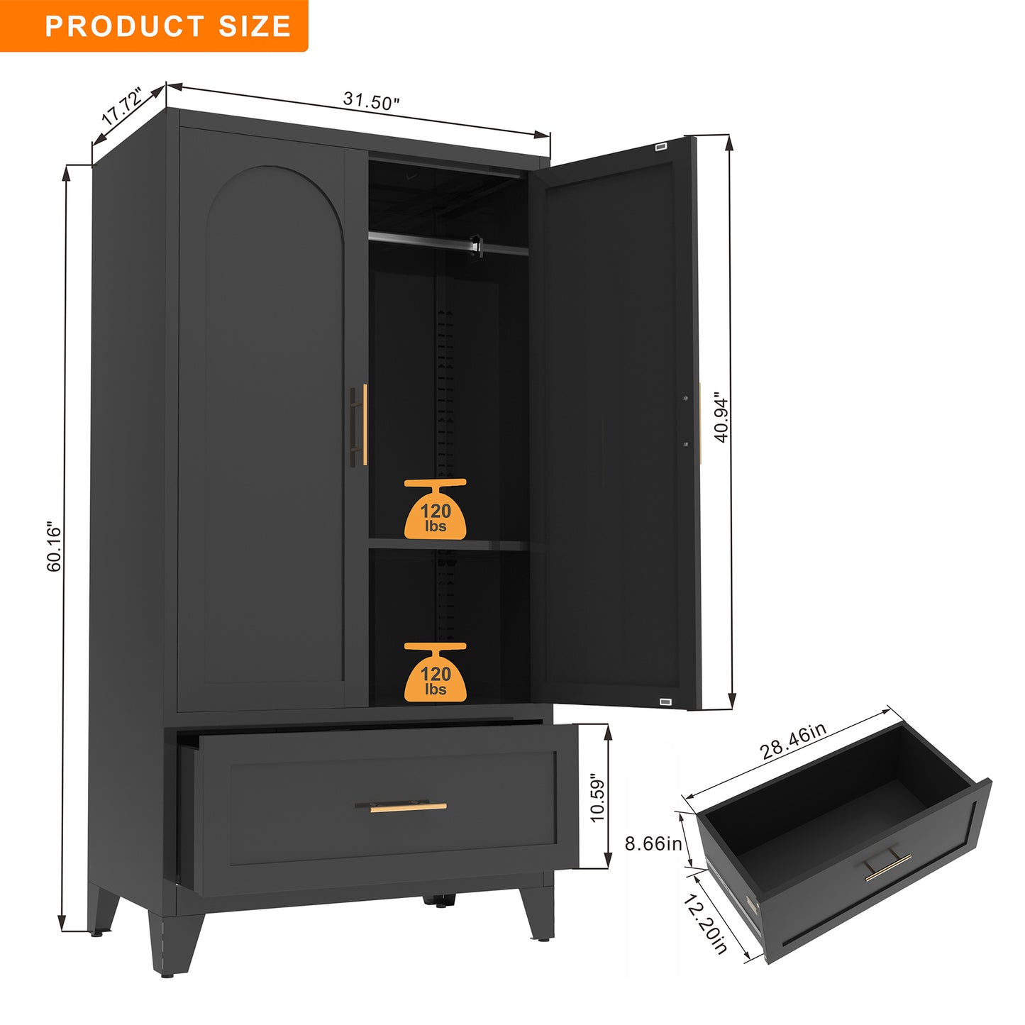 60" Tall Metal Wardrobe Cabinet with Drawer & Hanging Rod - Black