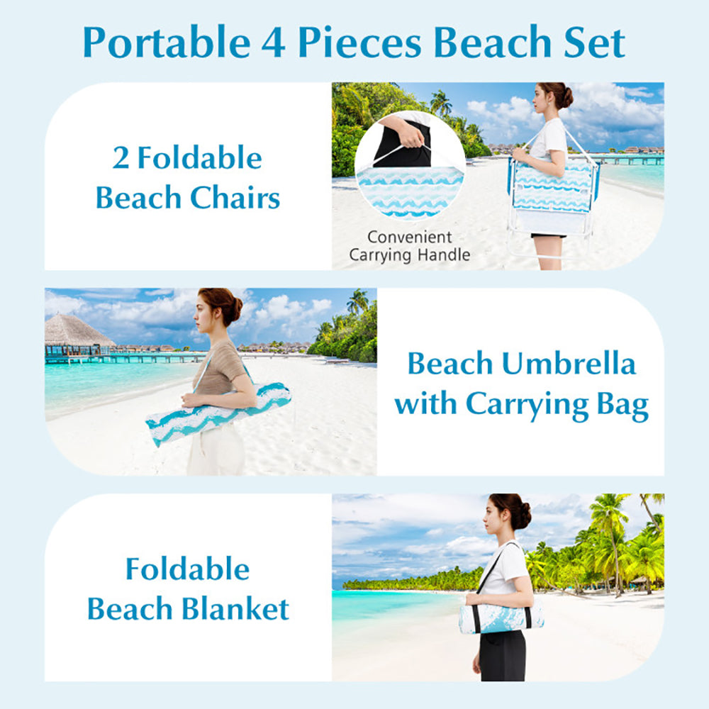 4-Piece Beach Umbrella Set with 2 Folding Chairs & Blanket