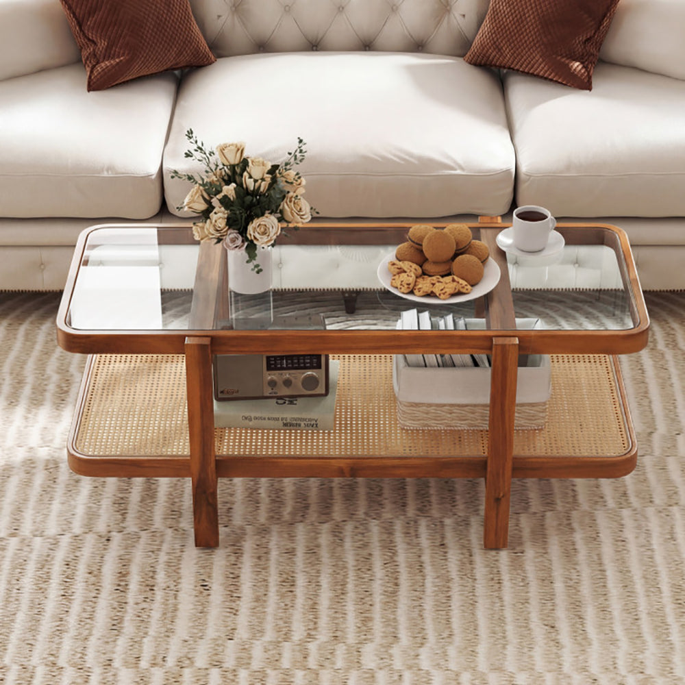2-Tier Coffee Table With Storage And Tempered Glass Tabletop PE