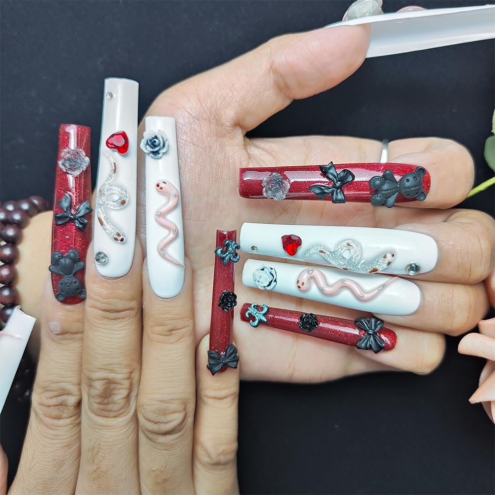 Handmade Acrylic Press-On Nails - Rhinestone Snake and Rose Design